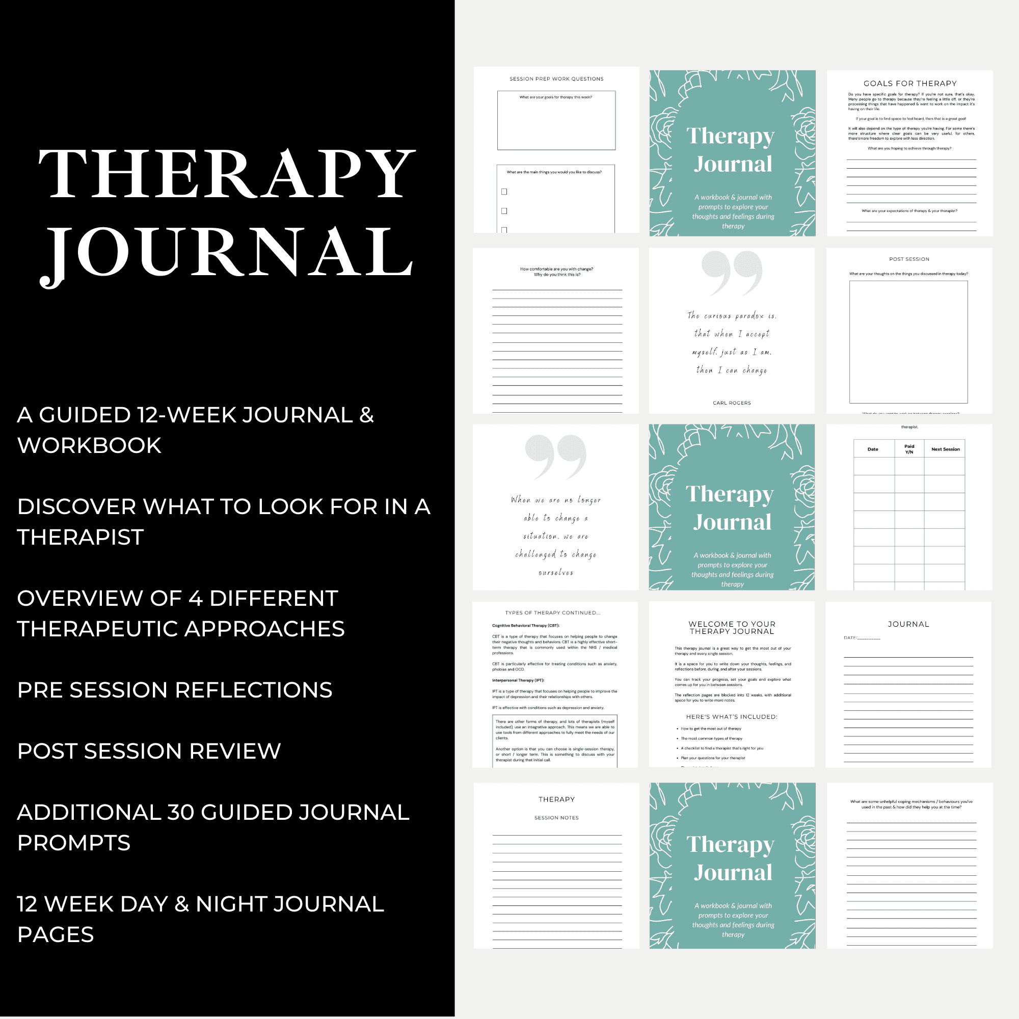 The Therapy Journal. Mock up with images of the pages inside the journal. On the left hand side it provides a brief overview of the journal & what's included.
