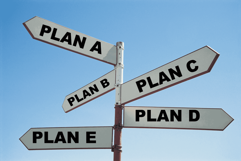 Blue sky with traditional white direction signs. Each point different ways with Plan A, Plan B, Plan C, Plan D, PLan E on them