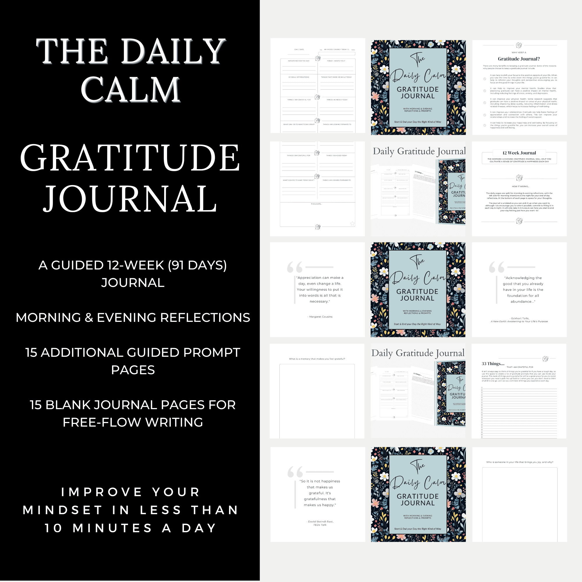 The Gratitude Journal - A 12-week guided gratitude journal for women, teens & men | Daily Gratitude Practice | An image of the journal with some sample pages in smaller boxes on the right of the image. Text on the left is white in a black background