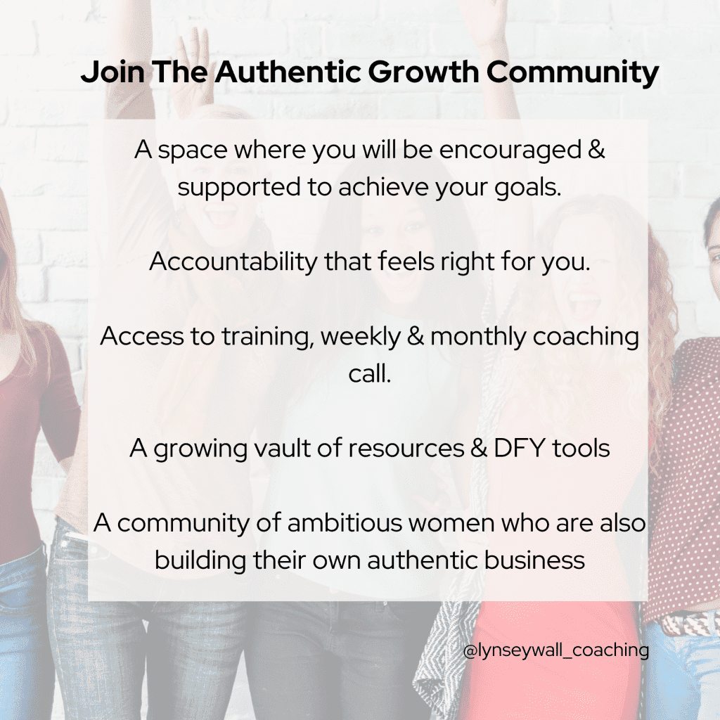 Image representing a membership for introvert coach. There are women in the background linked arms slightly faded image. Text above it inviting people to join The Authentic Growth Community