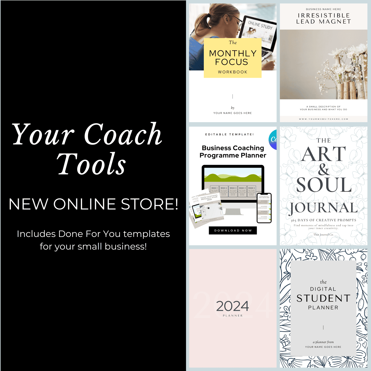 An image on black background showing digital products - different journal covers that are included in the shop Your Coach Tools