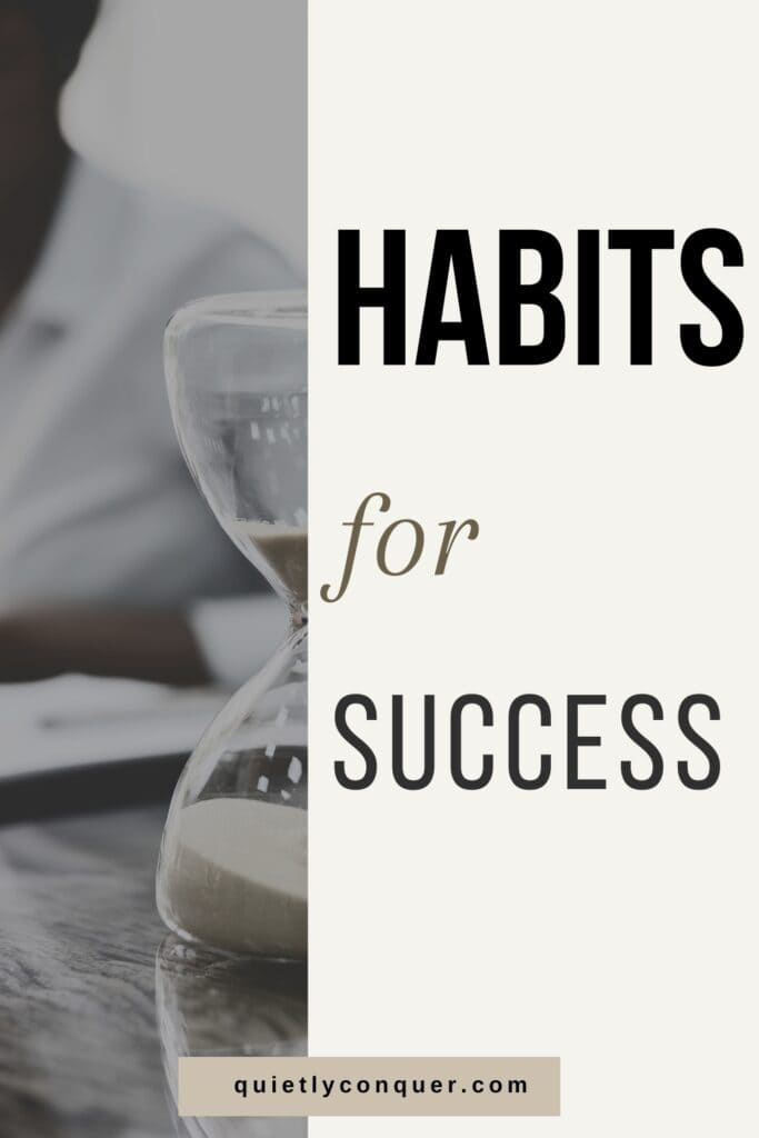 Habits for Success - Slim image of a timeglass with woman working at laptop to side of the text