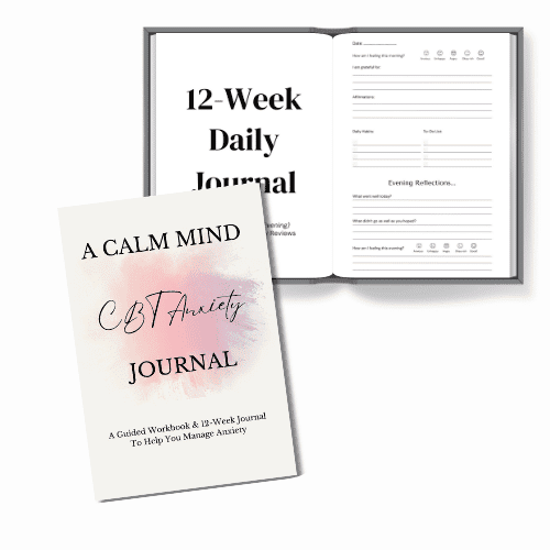 An image of the CBT Anxiety journal that Lynsey created & sells on Amazon (UK & US) It has a white background, the cover of the journal which is plain with a colourful paint effect in the middle over the writing. It also has 2 sample pages on display in a frame that looks like an open book