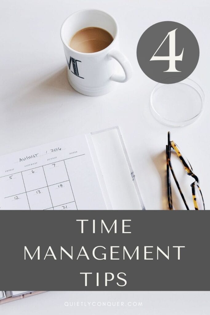 An open paper calendar on a white desk with a coffee and glasses next to it with the text 4 Time Management Tips For Entrepreneurs With Low Energy