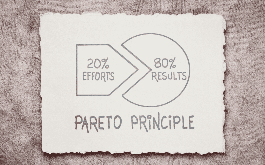 Planning Tool: A piece of paper with "The Pareto Principle" written underneath an image of the 20 / 80 Pareto Principle drawn in a circle with the 20% chunk outside of the circle. Planning tools