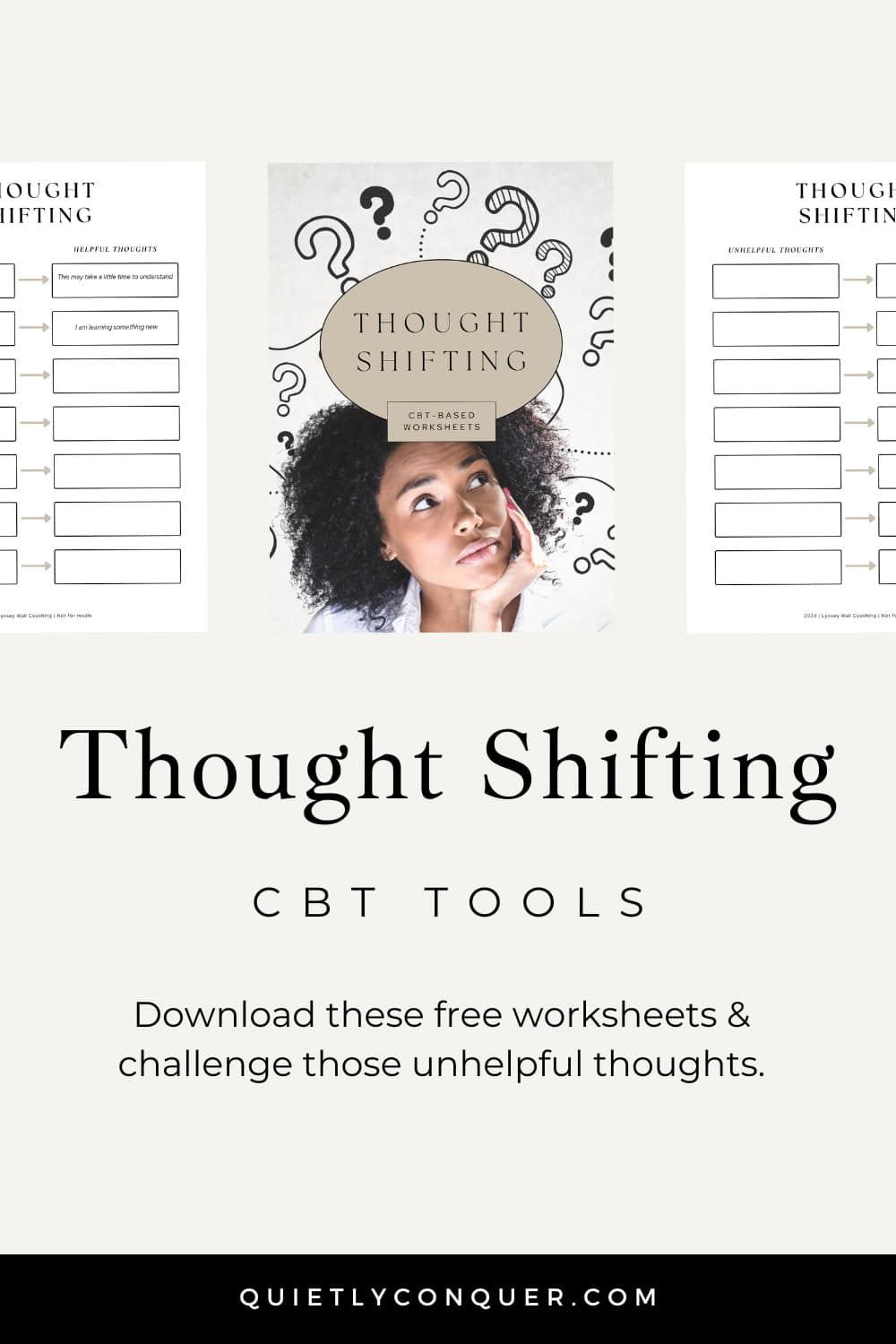 Image of Thought shifting CBT Worksheets. Free download! Challenge those thoughts today for improved happiness and overall well being. A woman looking up to the side thinking. Animations around her