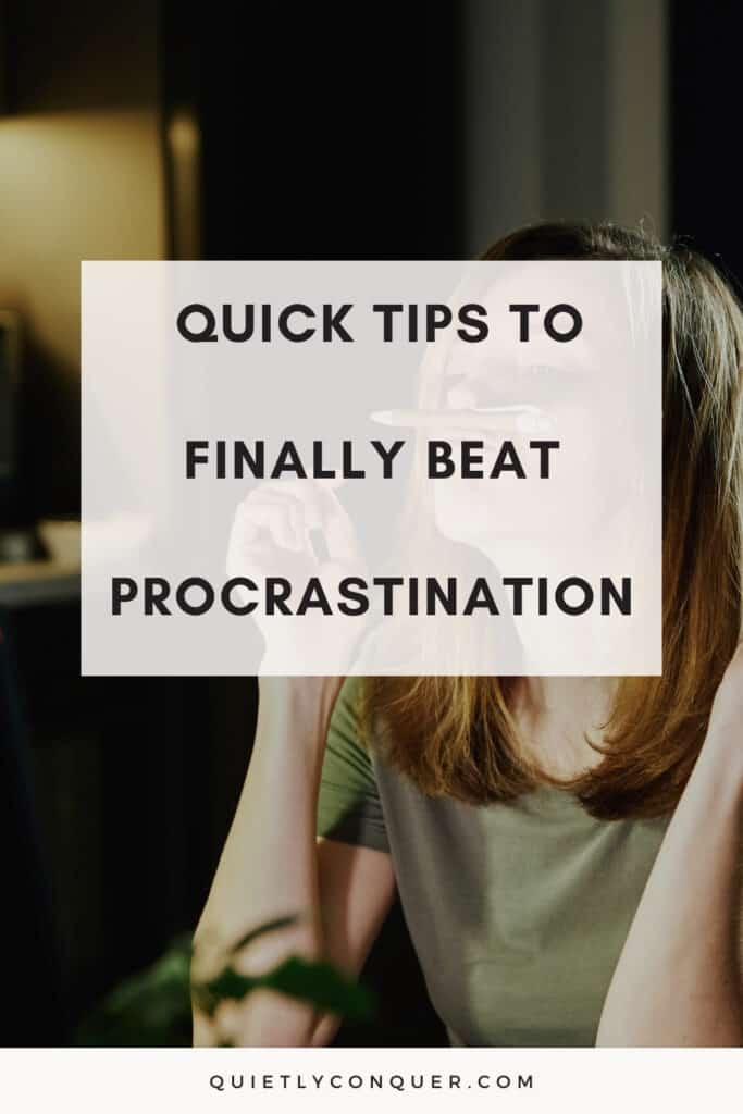 A woman sat with pen balanced on her lip. Text reads - Quick Tips to Finally Beat Procrastination