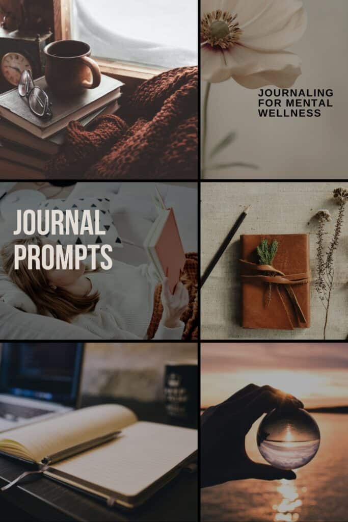 Small images depicting relaxation and journaling. Images of journals, people writing & aesthetic sunrise