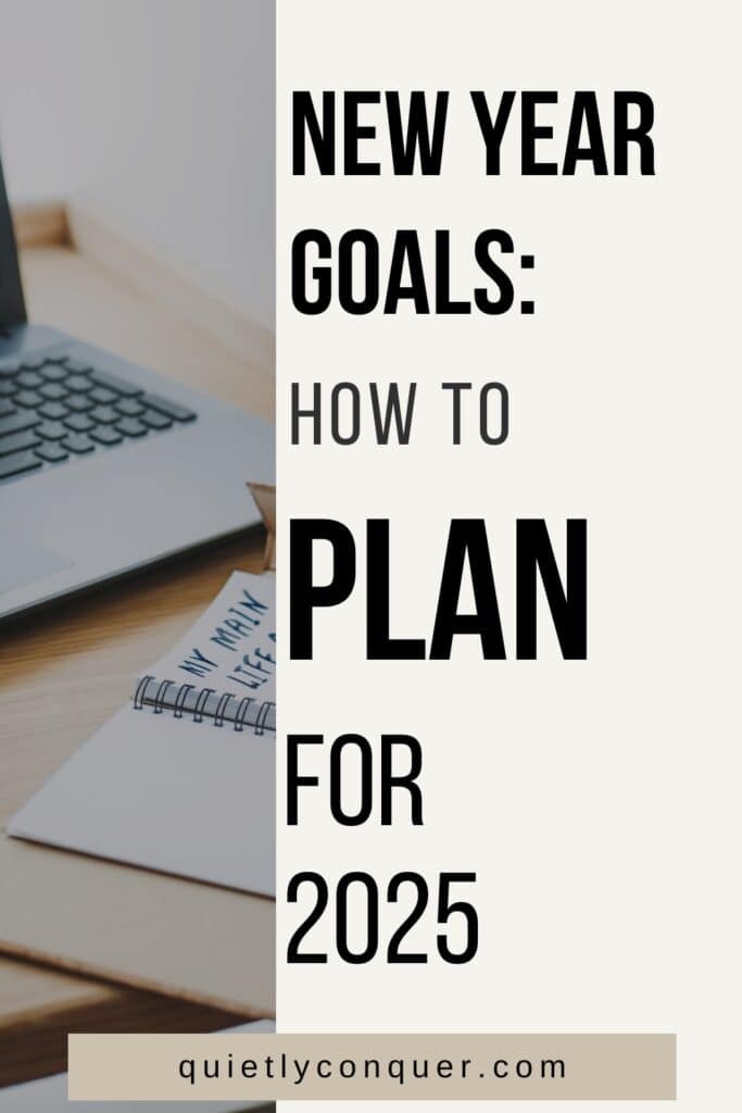 New Year Goals: How to Plan for 2025. Image of a computer with notepad on the left side