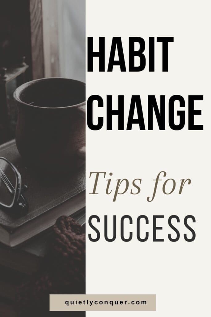 Habit Change: Tips for Success. Image of a mug and glasses on top of books.