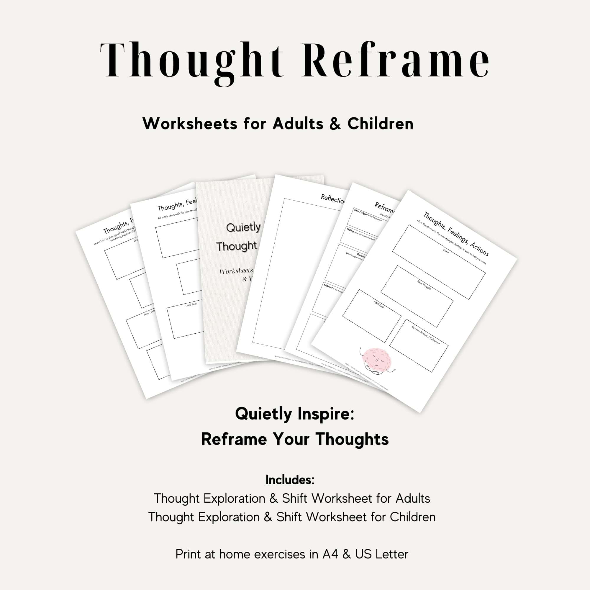 Thought Reframe Worksheets - Mock up of the pages included in the worksheet bundle