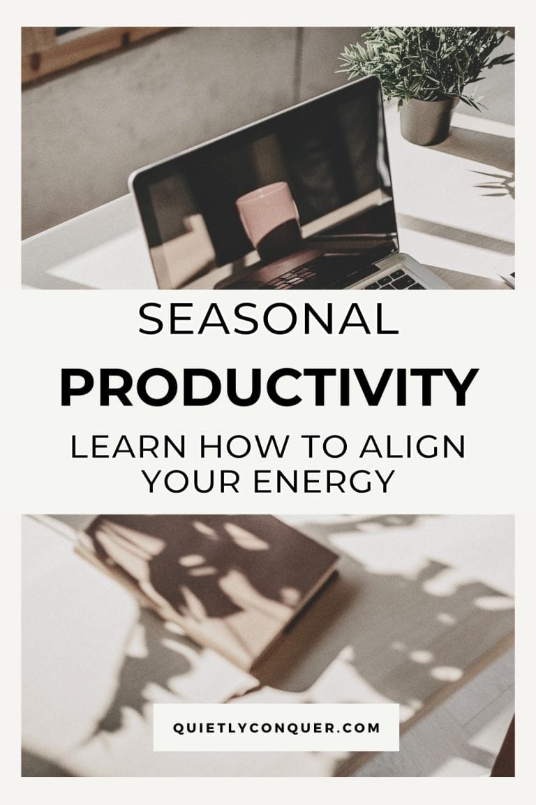 Seasonal Productivity: Learn how to align your energy - A desk in sunlight. Open laptop & reflection of mug in screen.