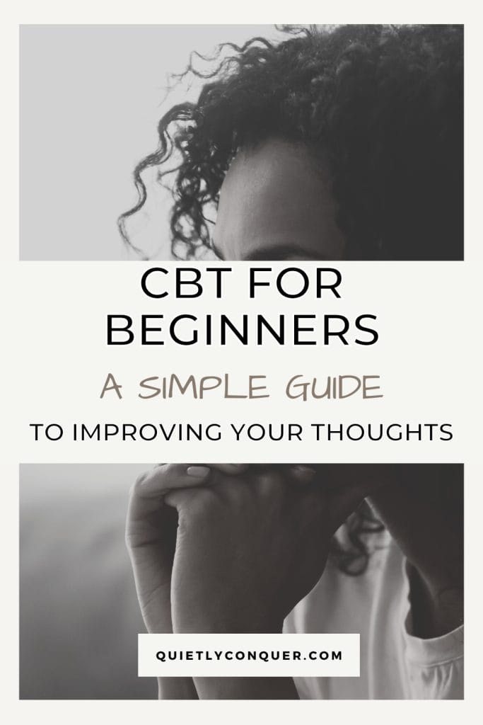 Woman sat holding face to chin. Text reads "CBT for Beginners. A Simple Guide to Improving Your Thoughts"
