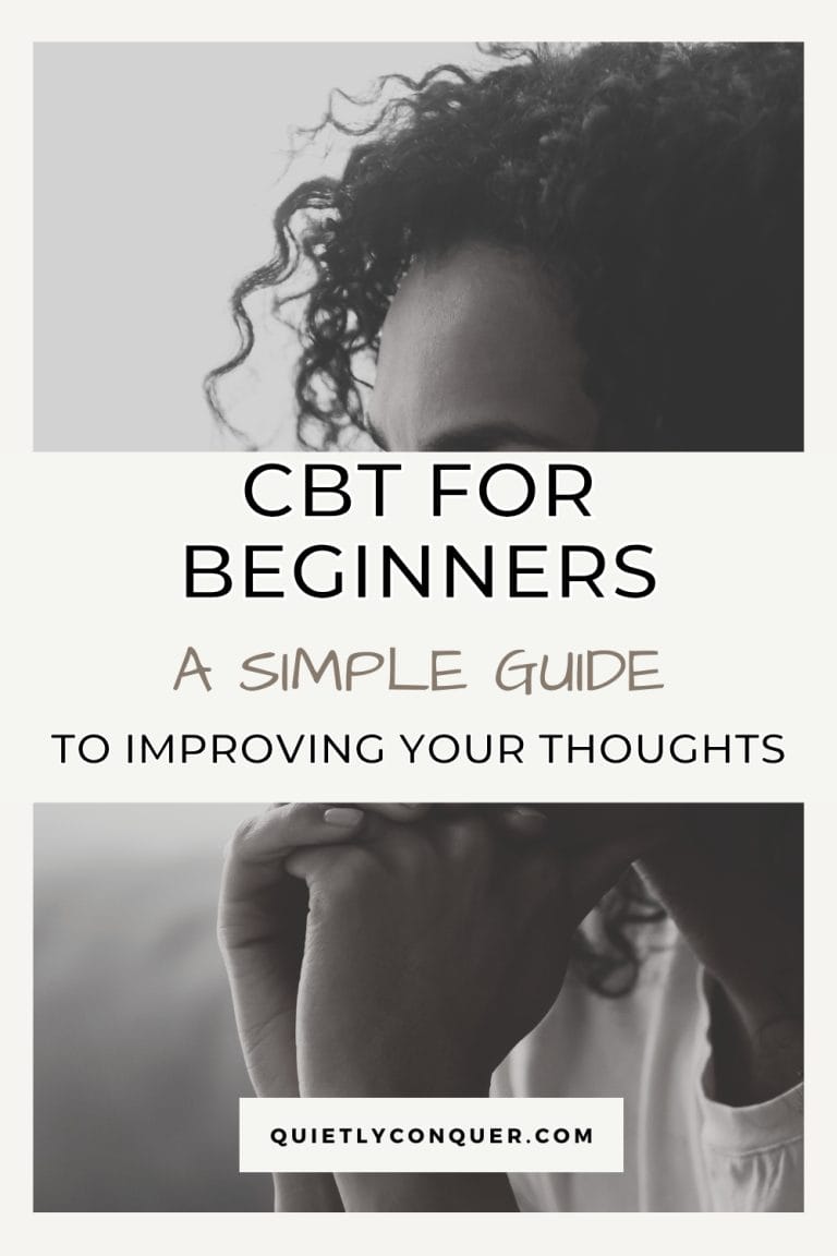 Woman sat holding face to chin. Text reads "CBT for Beginners. A Simple Guide to Improving Your Thoughts"