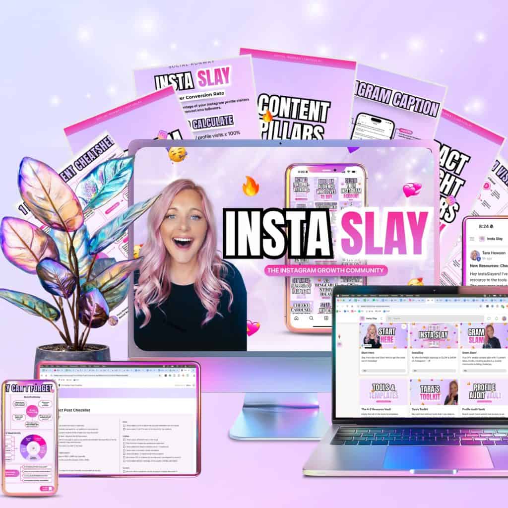 InstaSlay with image of mock up of things included in membership. 