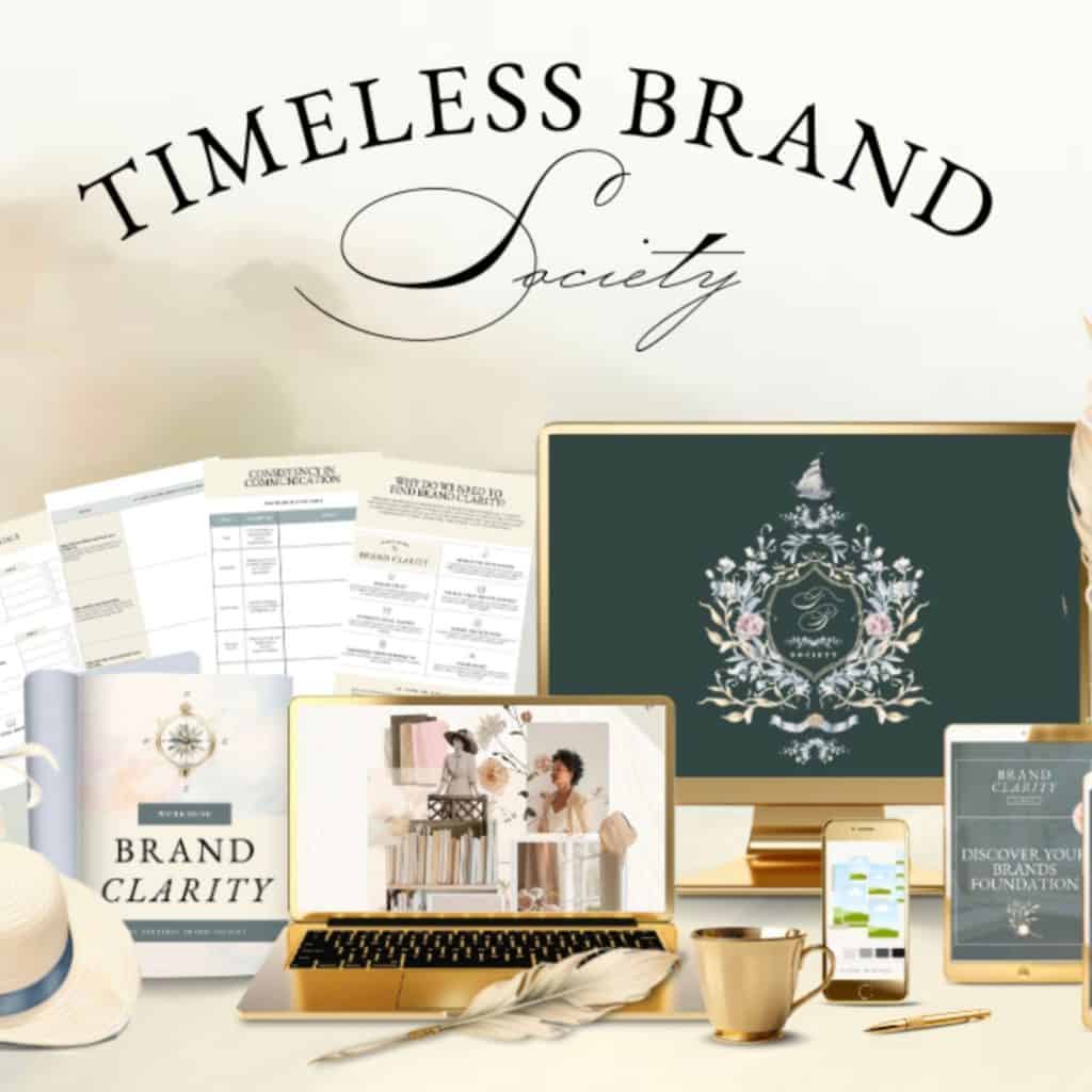 The Timeless Brand Society - image of a mock up with pages displayed in computer screens & phones. Golden theme, timeless & luxury.