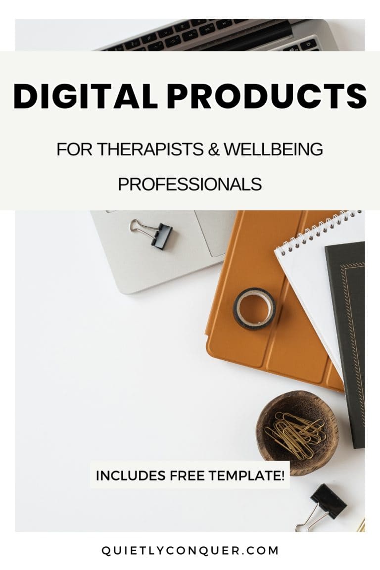Stationary on a white desk. Text above reads "Digital Products for Therapists & Wellbeing Professionals"